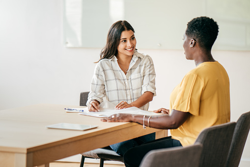 Two professionals discussing documents during a business consultation.