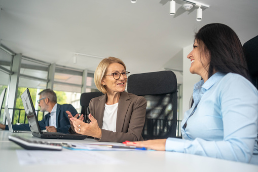 Two business professionals discussing strategy at a desk with laptops in a modern office.