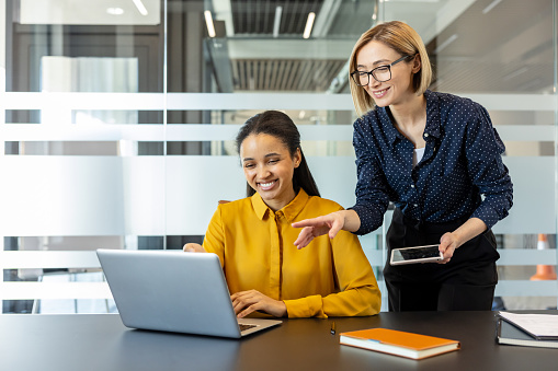 Two business professionals collaborating on a laptop during a strategy meeting.