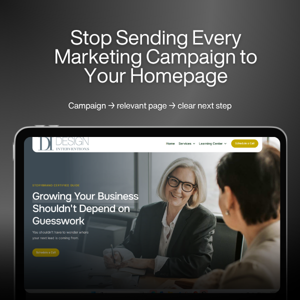 Blog cover reading "Stop Sending Every Marketing Campaign to Your Homepage" above a tablet showing the Design Interventions homepage