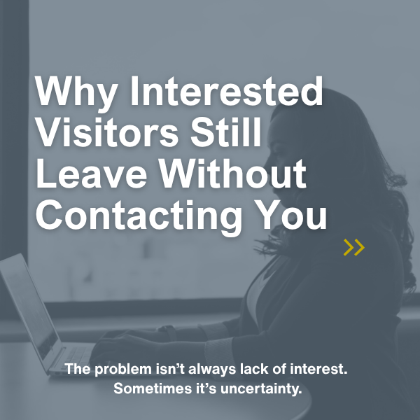 Blog cover reading "Why Interested Visitors Still Leave Without Contacting You" over a woman working at a laptop
